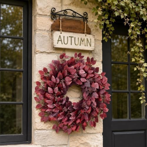 26" Artificial Hibiscus Leaves Fall Wreath for Front Door Decor(Autumn Red), alternate view 2