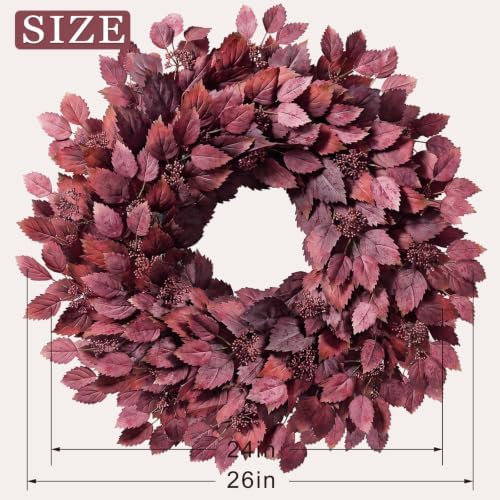 26" Artificial Hibiscus Leaves Fall Wreath for Front Door Decor(Autumn Red), alternate view 3
