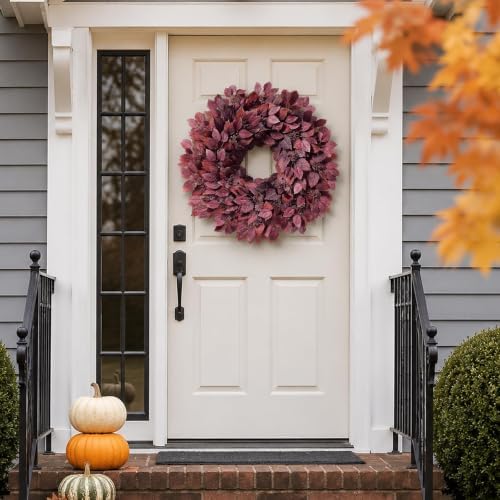 26" Artificial Hibiscus Leaves Fall Wreath for Front Door Decor(Autumn Red), alternate view 4