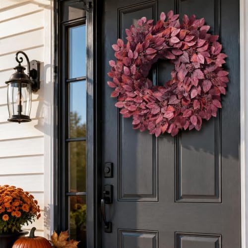 26" Artificial Hibiscus Leaves Fall Wreath for Front Door Decor(Autumn Red), alternate view 5