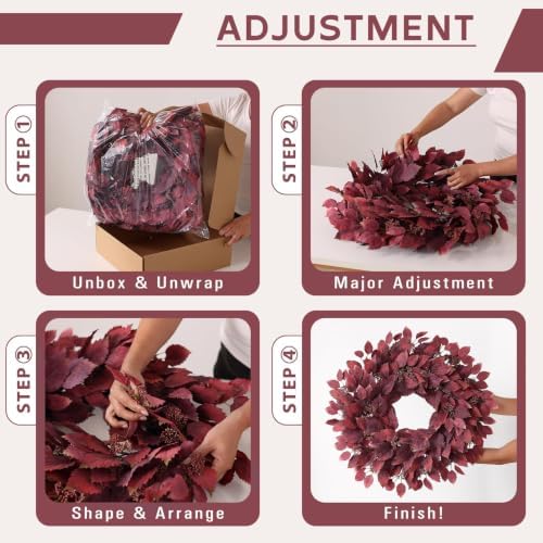 26" Artificial Hibiscus Leaves Fall Wreath for Front Door Decor(Autumn Red), alternate view 6