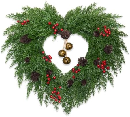 26" Christmas Wreaths for Front Door, Heart-Shaped with Bells in Heart-shaped Pine