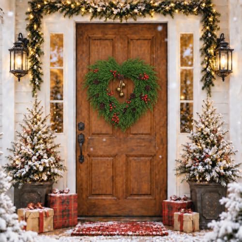 26" Christmas Wreaths for Front Door, Heart-Shaped with Bells in Heart-shaped Pine, alternate view 2