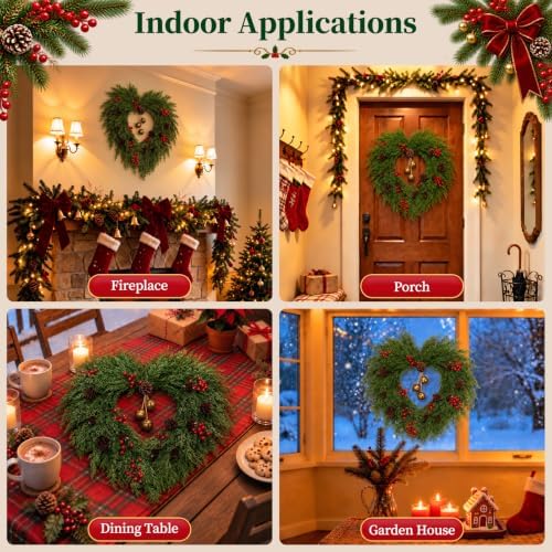 26" Christmas Wreaths for Front Door, Heart-Shaped with Bells in Heart-shaped Pine, alternate view 5