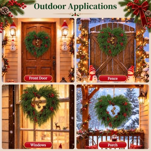 26" Christmas Wreaths for Front Door, Heart-Shaped with Bells in Heart-shaped Pine, alternate view 6