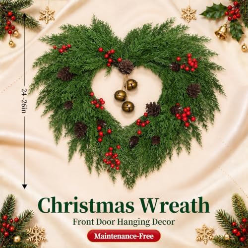 26" Christmas Wreaths for Front Door, Heart-Shaped with Bells in Heart-shaped Pine, alternate view 7