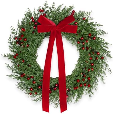 26" Christmas Wreaths for Front Door with Red Velvet Bow Berries in Red Velvet Bow
