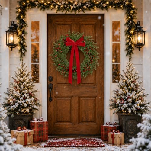 26" Christmas Wreaths for Front Door with Red Velvet Bow Berries in Red Velvet Bow, alternate view 2
