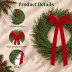 26" Christmas Wreaths for Front Door with Red Velvet Bow Berries in Red Velvet Bow, alternate view 3