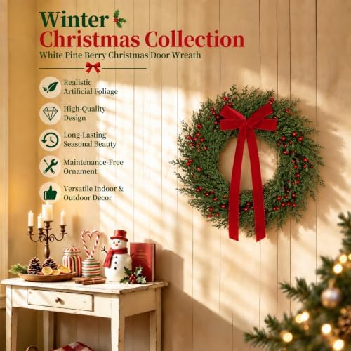 26" Christmas Wreaths for Front Door with Red Velvet Bow Berries in Red Velvet Bow, alternate view 4