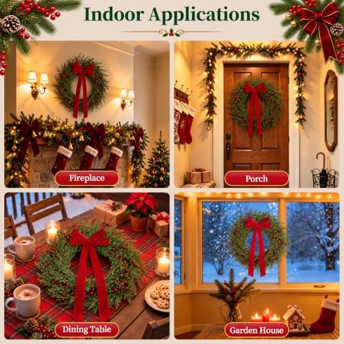 26" Christmas Wreaths for Front Door with Red Velvet Bow Berries in Red Velvet Bow, alternate view 5