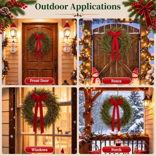 26" Christmas Wreaths for Front Door with Red Velvet Bow Berries in Red Velvet Bow, alternate view 6