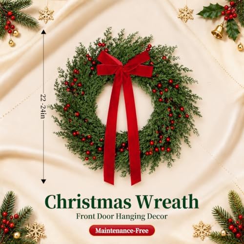 26" Christmas Wreaths for Front Door with Red Velvet Bow Berries in Red Velvet Bow, alternate view 7