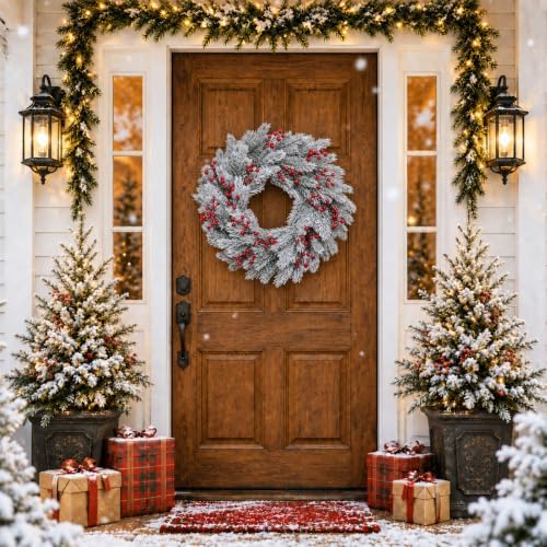 26" Christmas Wreaths for Front Door with Snowy Cedar, Berries in Snowy Cedar, alternate view 2