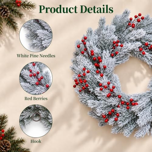 26" Christmas Wreaths for Front Door with Snowy Cedar, Berries in Snowy Cedar, alternate view 3