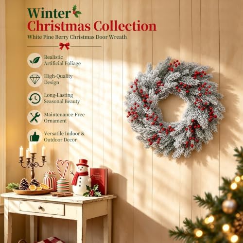 26" Christmas Wreaths for Front Door with Snowy Cedar, Berries in Snowy Cedar, alternate view 4