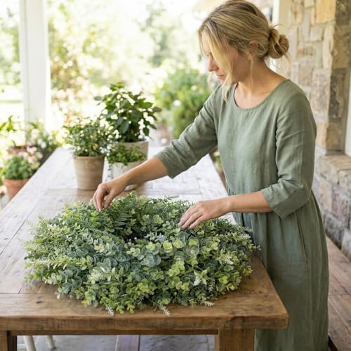 26" Eucalyptus Wreath for Front Door, Artificial All Season Decor in Sage Green, alternate view 5