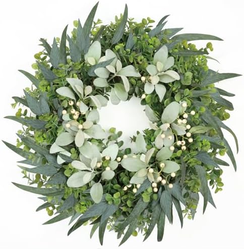 26" Eucalyptus Wreaths for Front Door with Lamb’s Ear White Berries Artificial Large Outdoor Wreath Farmhouse