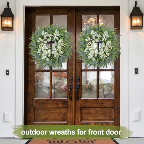 26" Eucalyptus Wreaths for Front Door with Lamb’s Ear White Berries Artificial Large Outdoor Wreath Farmhouse, alternate view