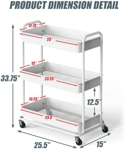 26" Extra-Wide 3-Tier Heavy Duty Metal Utility Cart, White in White, alternate view 3