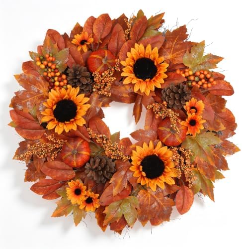26" Fall Wreath for Front Door Outside Sunflower Autumn Wreath in Sunflower
