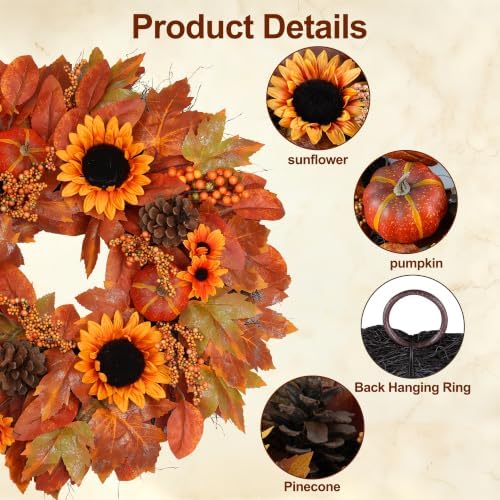 26" Fall Wreath for Front Door Outside Sunflower Autumn Wreath in Sunflower, alternate view 2