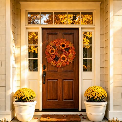 26" Fall Wreath for Front Door Outside Sunflower Autumn Wreath in Sunflower, alternate view 3