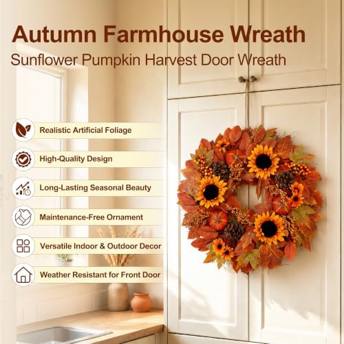 26" Fall Wreath for Front Door Outside Sunflower Autumn Wreath in Sunflower, alternate view 4