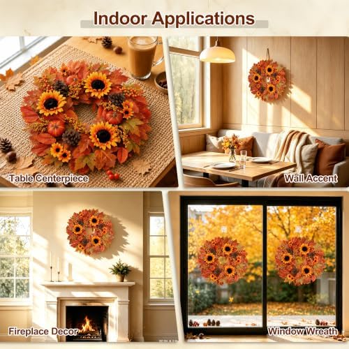 26" Fall Wreath for Front Door Outside Sunflower Autumn Wreath in Sunflower, alternate view 5