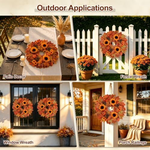 26" Fall Wreath for Front Door Outside Sunflower Autumn Wreath in Sunflower, alternate view 6