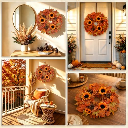 26" Fall Wreath for Front Door Outside Sunflower Autumn Wreath in Sunflower, alternate view 7