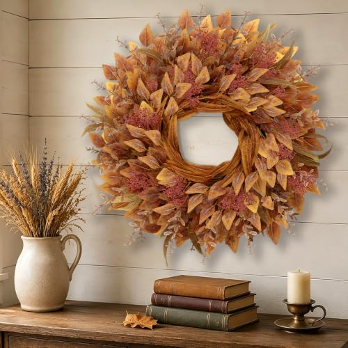 26" Fall Wreaths for Front Door Full Large Eucalyptus Wreath(Orange), alternate view 5