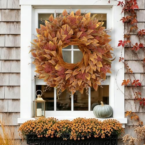 26" Fall Wreaths for Front Door Full Large Eucalyptus Wreath(Orange), alternate view 6