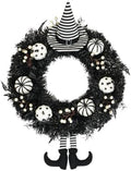 26" Halloween Wreath for Front Door with Hat, Legs, Pumpkins in Black White