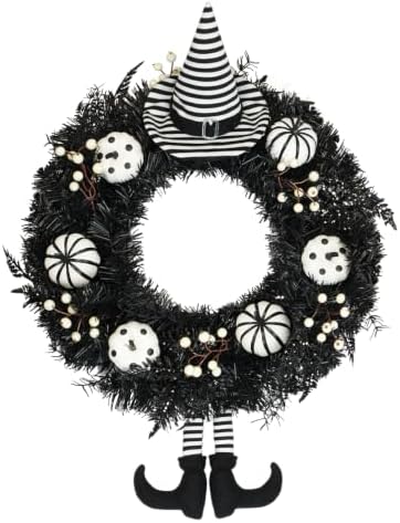 26" Halloween Wreath for Front Door with Hat, Legs, Pumpkins in Black White