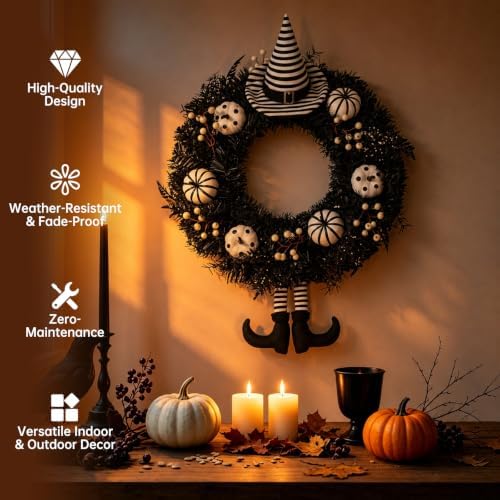 26" Halloween Wreath for Front Door with Hat, Legs, Pumpkins in Black White, alternate view 4