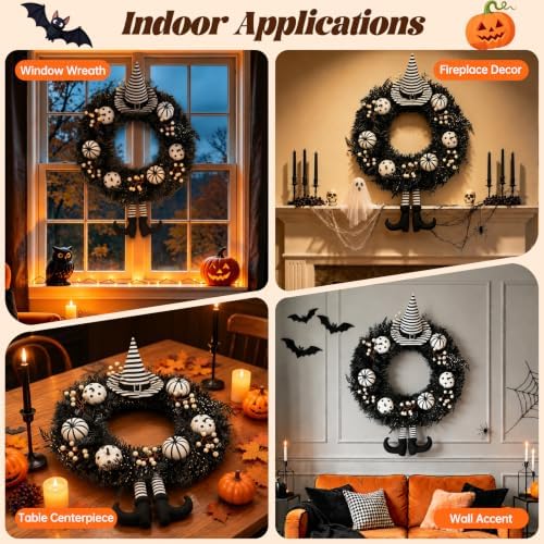 26" Halloween Wreath for Front Door with Hat, Legs, Pumpkins in Black White, alternate view 5