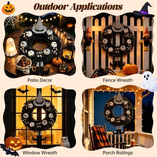 26" Halloween Wreath for Front Door with Hat, Legs, Pumpkins in Black White, alternate view 6