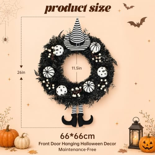 26" Halloween Wreath for Front Door with Hat, Legs, Pumpkins in Black White, alternate view 7