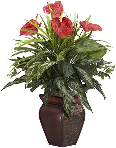 26 in Artificial Mixed Greens and Anthurium with Vase in Green