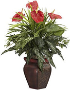 26 in Artificial Mixed Greens and Anthurium with Vase in Green