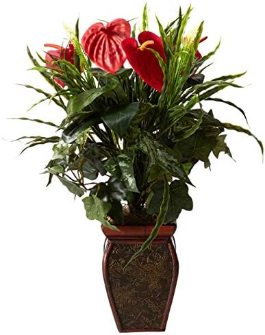 26 in Artificial Mixed Greens and Anthurium with Vase in Green, alternate view 2