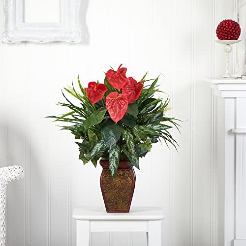 26 in Artificial Mixed Greens and Anthurium with Vase in Green, alternate view 5