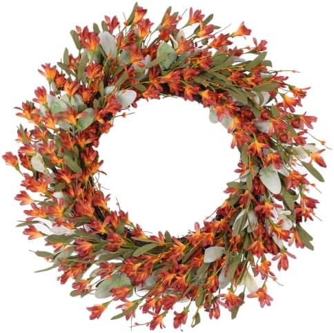 26 Inch Artificial Fall Wreath Lambs Ear Orange Forsythia for Front Door