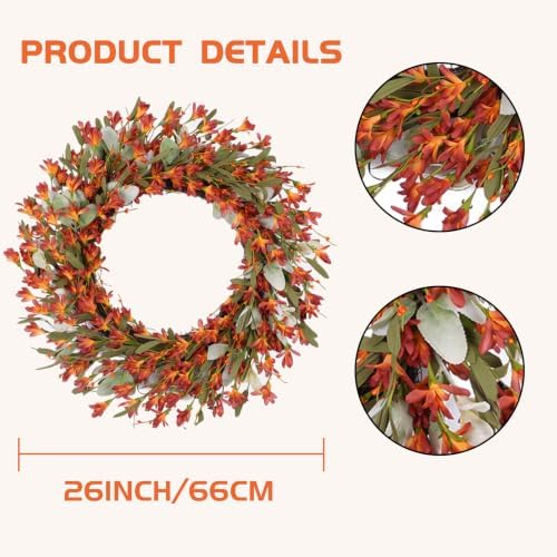 26 Inch Artificial Fall Wreath Lambs Ear Orange Forsythia for Front Door, alternate view 2