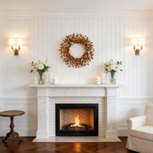 26 Inch Artificial Fall Wreath Lambs Ear Orange Forsythia for Front Door, alternate view 5