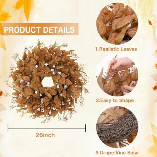 26 Inch Fall Wreath for Front Door, Artificial Eucalyptus Porch Decor (26in), alternate view 3