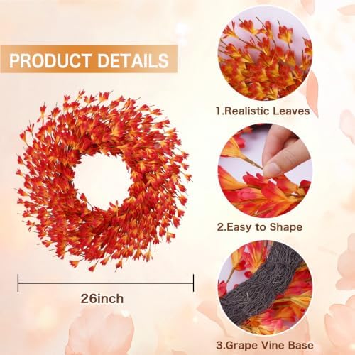 26 Inch Fall Wreath for Front Door, Autumn Thanksgiving Decor (Orange), alternate view 2