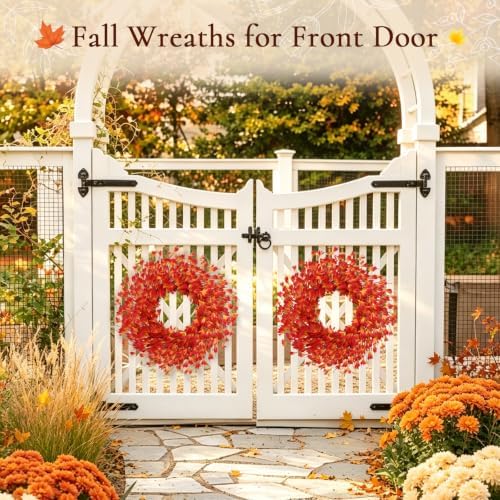 26 Inch Fall Wreath for Front Door, Autumn Thanksgiving Decor (Orange), alternate view 4