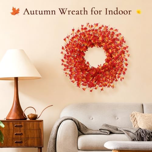 26 Inch Fall Wreath for Front Door, Autumn Thanksgiving Decor (Orange), alternate view 6